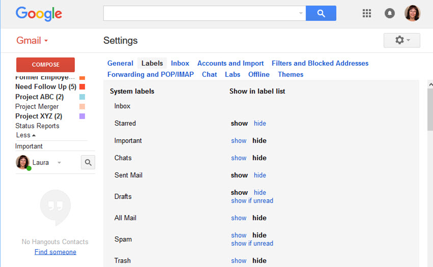 Gmail Label Settings screen